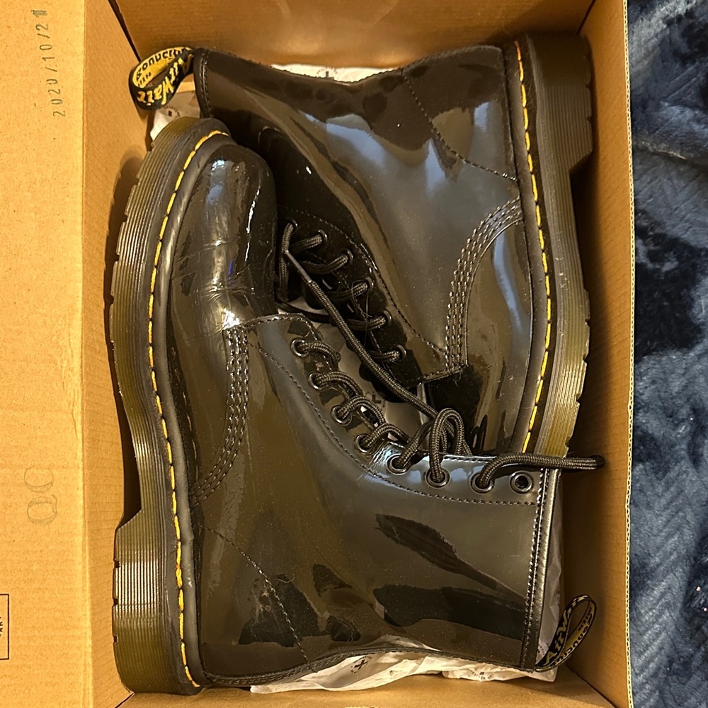 Dr. Martens Glossy Black Boots with Yellow Stitching